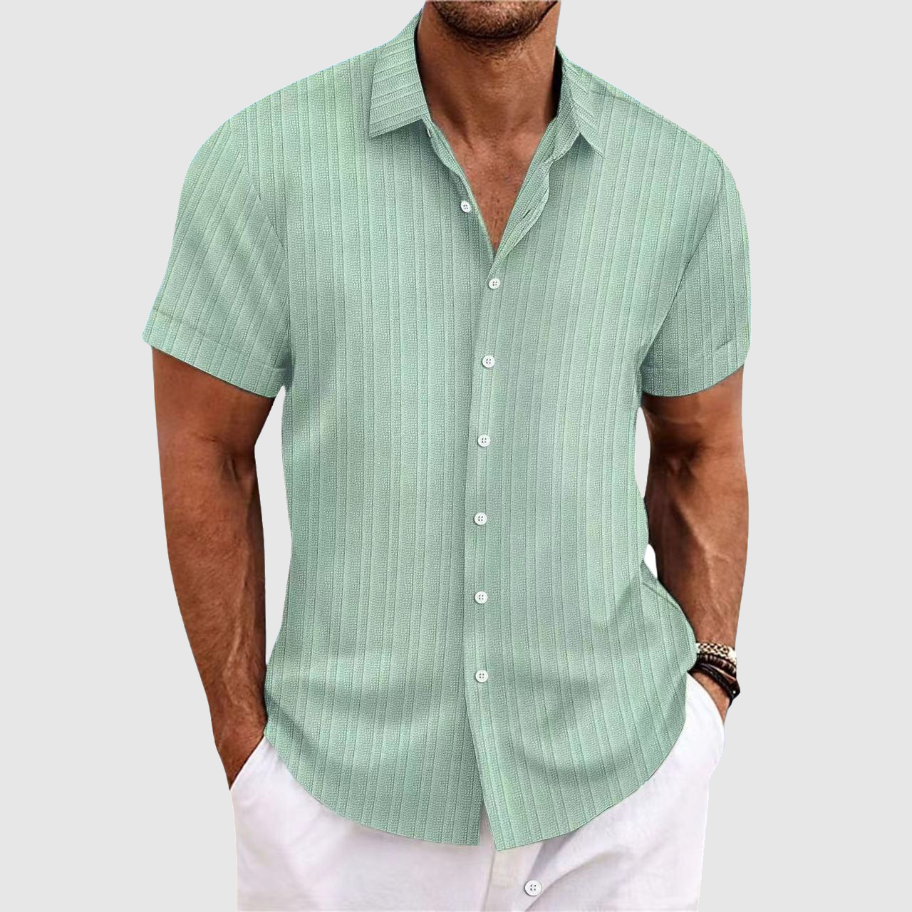 Camisa de Manga Corta para Hombre a Rayas Verticales con Cuello Clásico y Botones